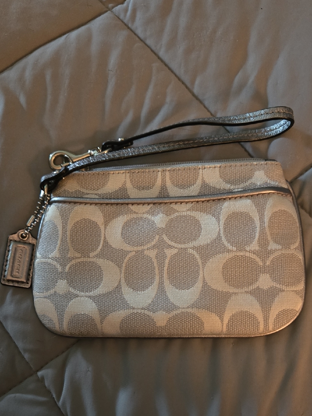 Coach Silver and Cream Signature Canvas Wristlet